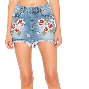 Free People Wild Rose Embroidered Denim Mini Skirt